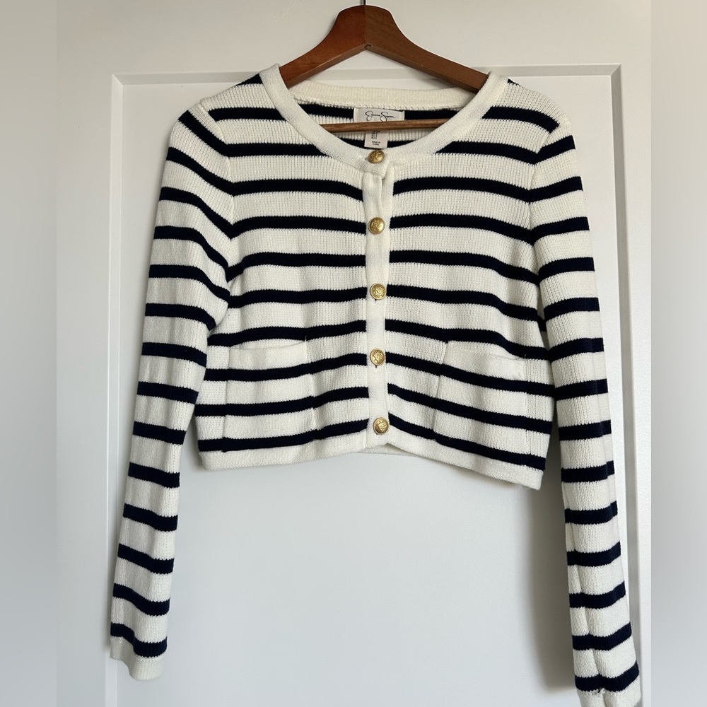 Jessica Simpson Striped Navy and White Sweater with Gold Buttons